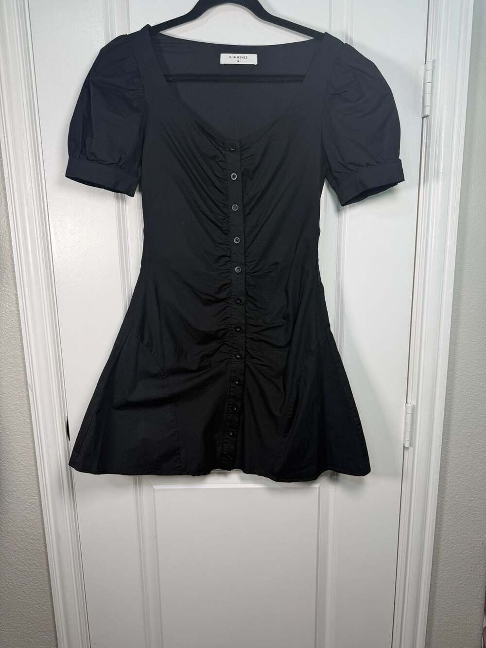 Commense Black Puff Sleeve Button-Up Ruched Mini Dress Size M - Picture 2 of 8